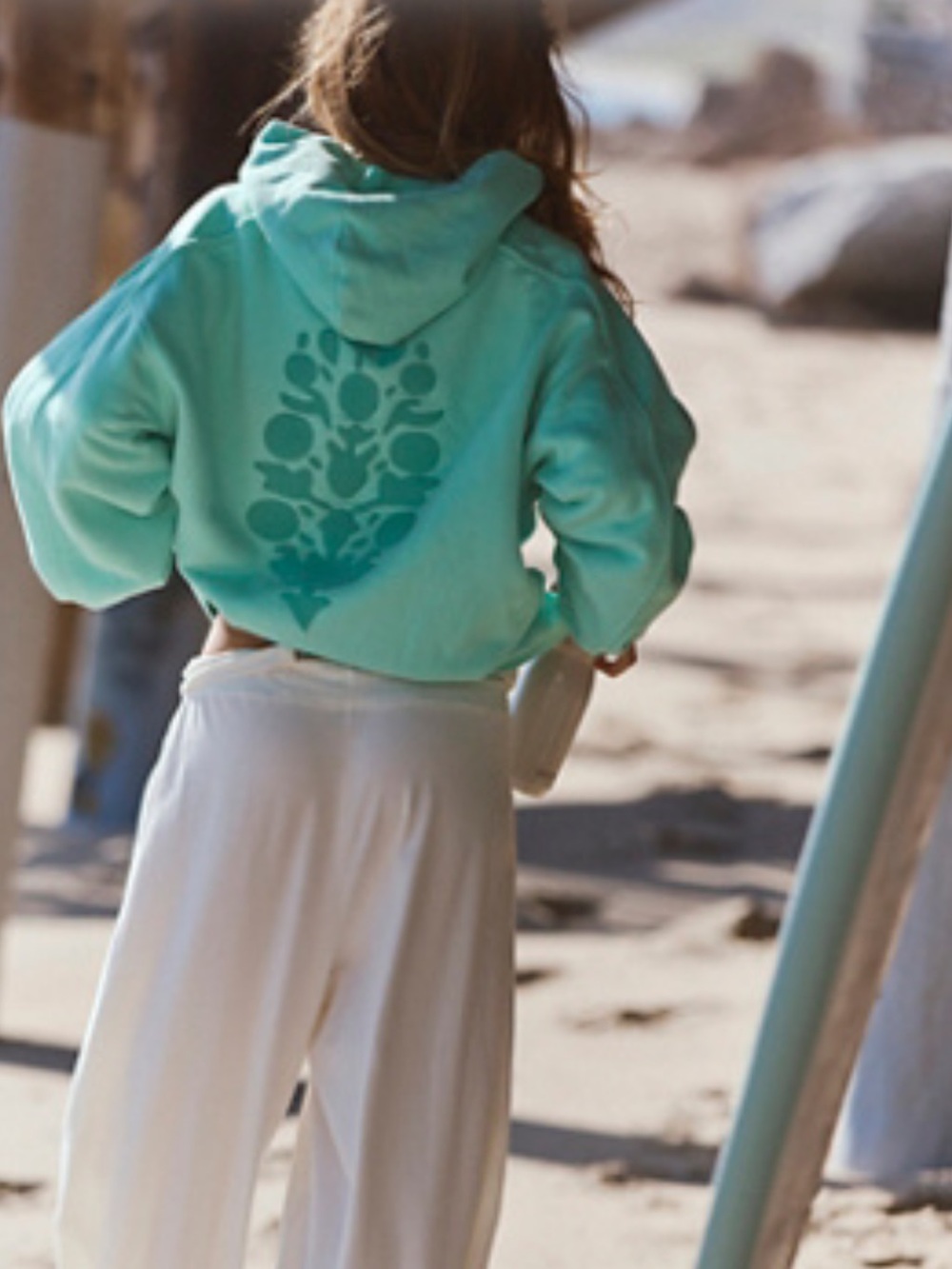 FP Movement by Free People A CUT ABOVE FLOCKED BUTI LOGO HOODIE in turquoise